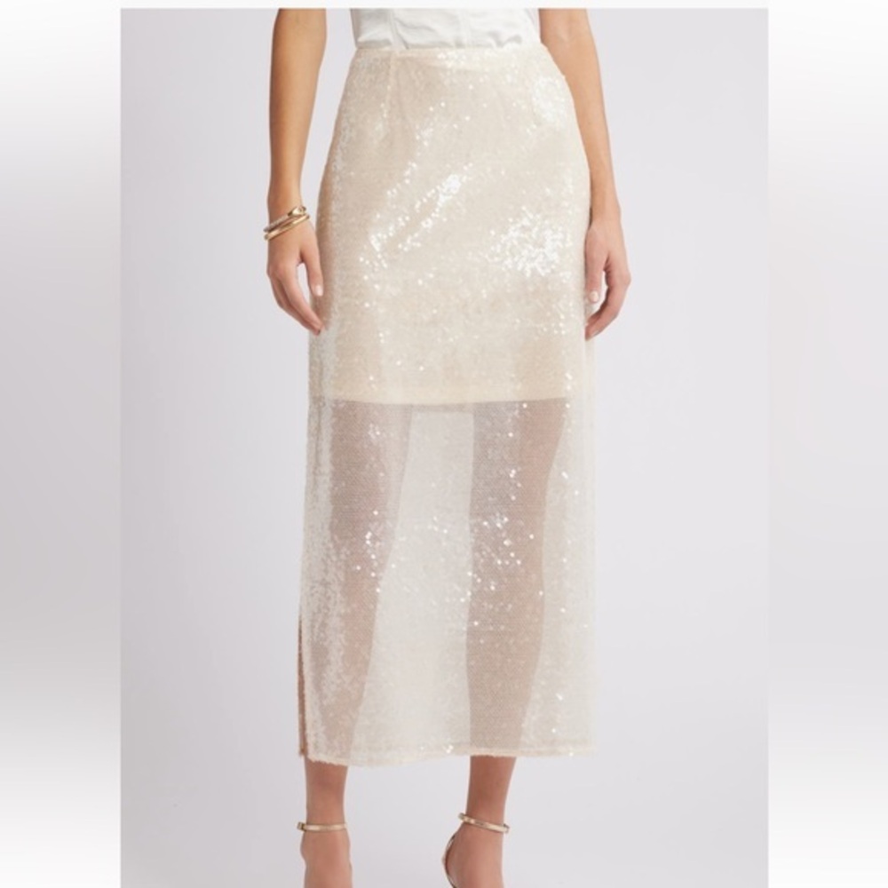 Elegant Cream Sequin Skirt midi sheer